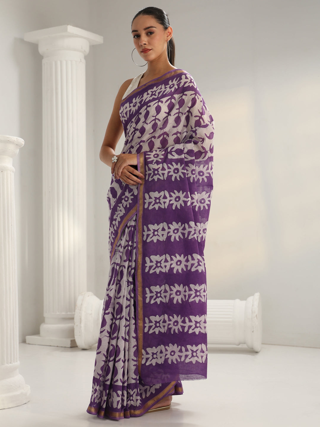  Purple Batik Print Cotton Saree 