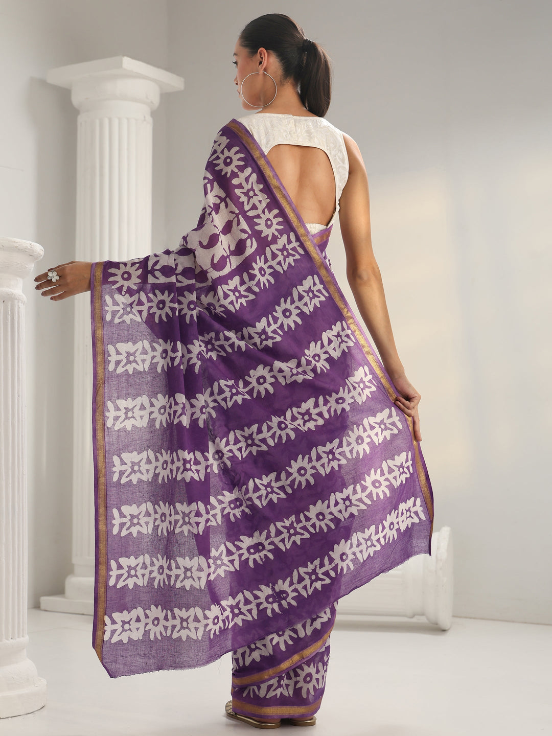  Purple Batik Print Cotton Saree 