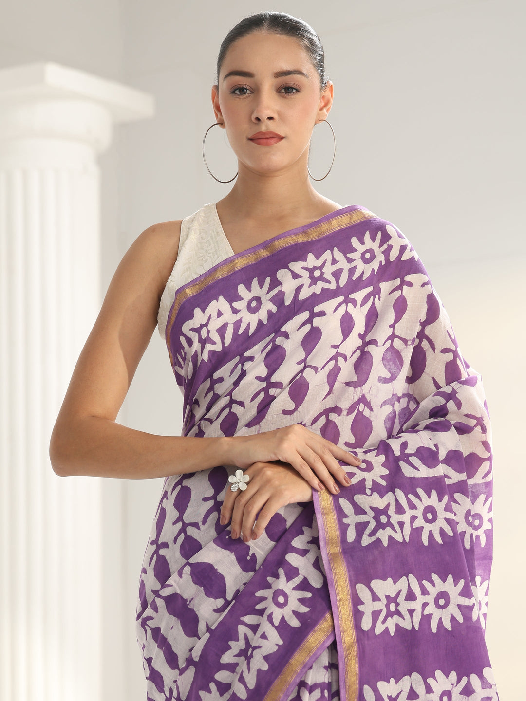  Purple Batik Print Cotton Saree 