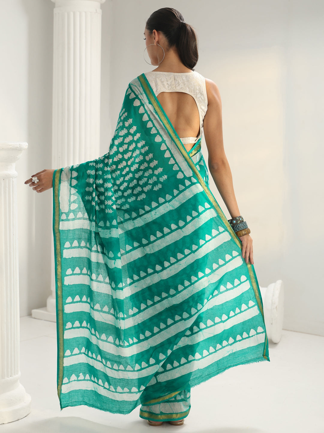  Green Batik Print Cotton Saree 