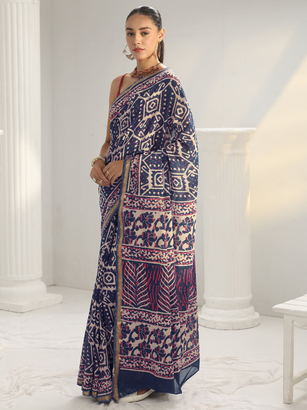  Blue Ethnic Printed Cotton Saree 
