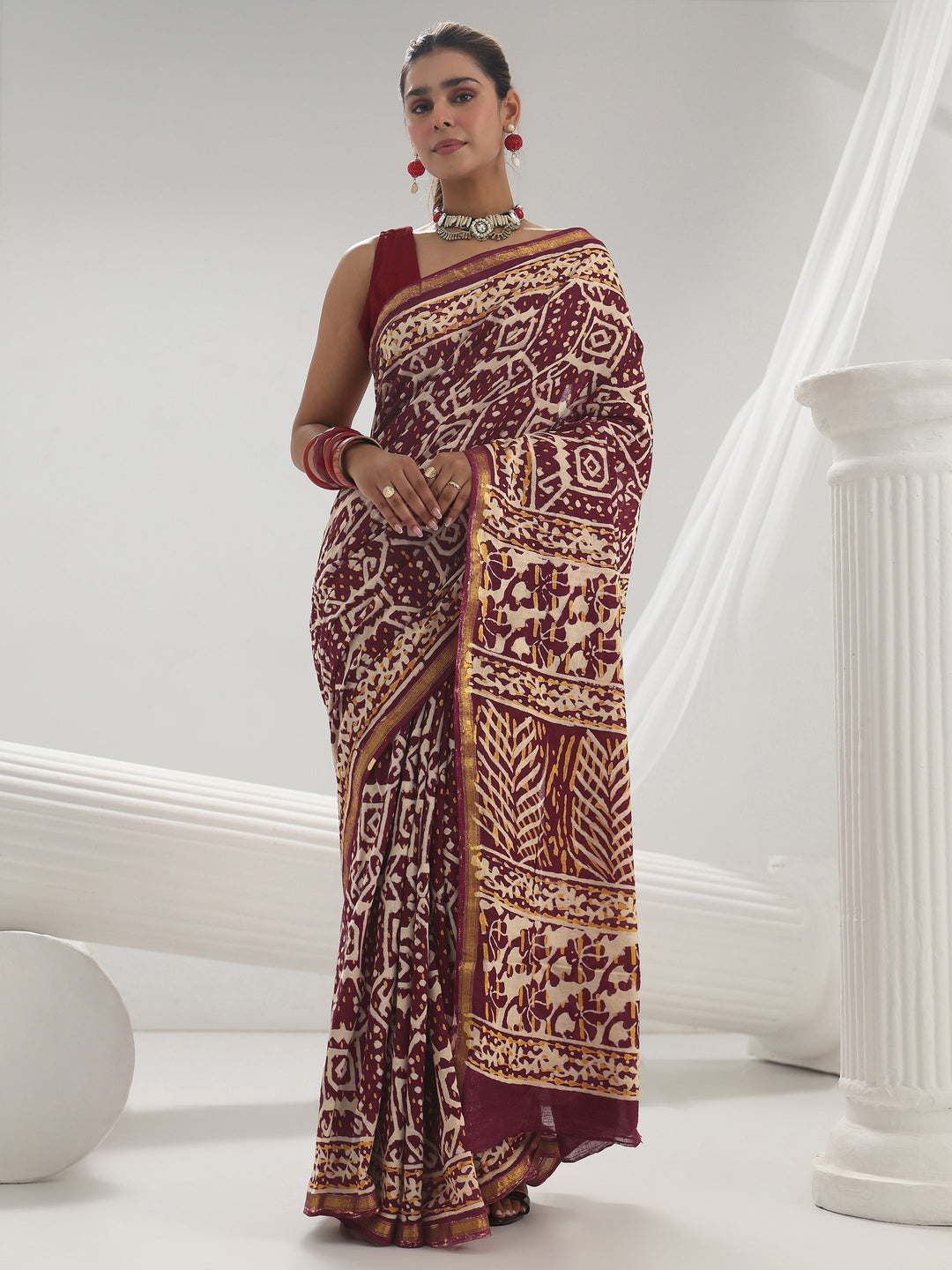  Maroon Ethnic Printed Cotton Saree 