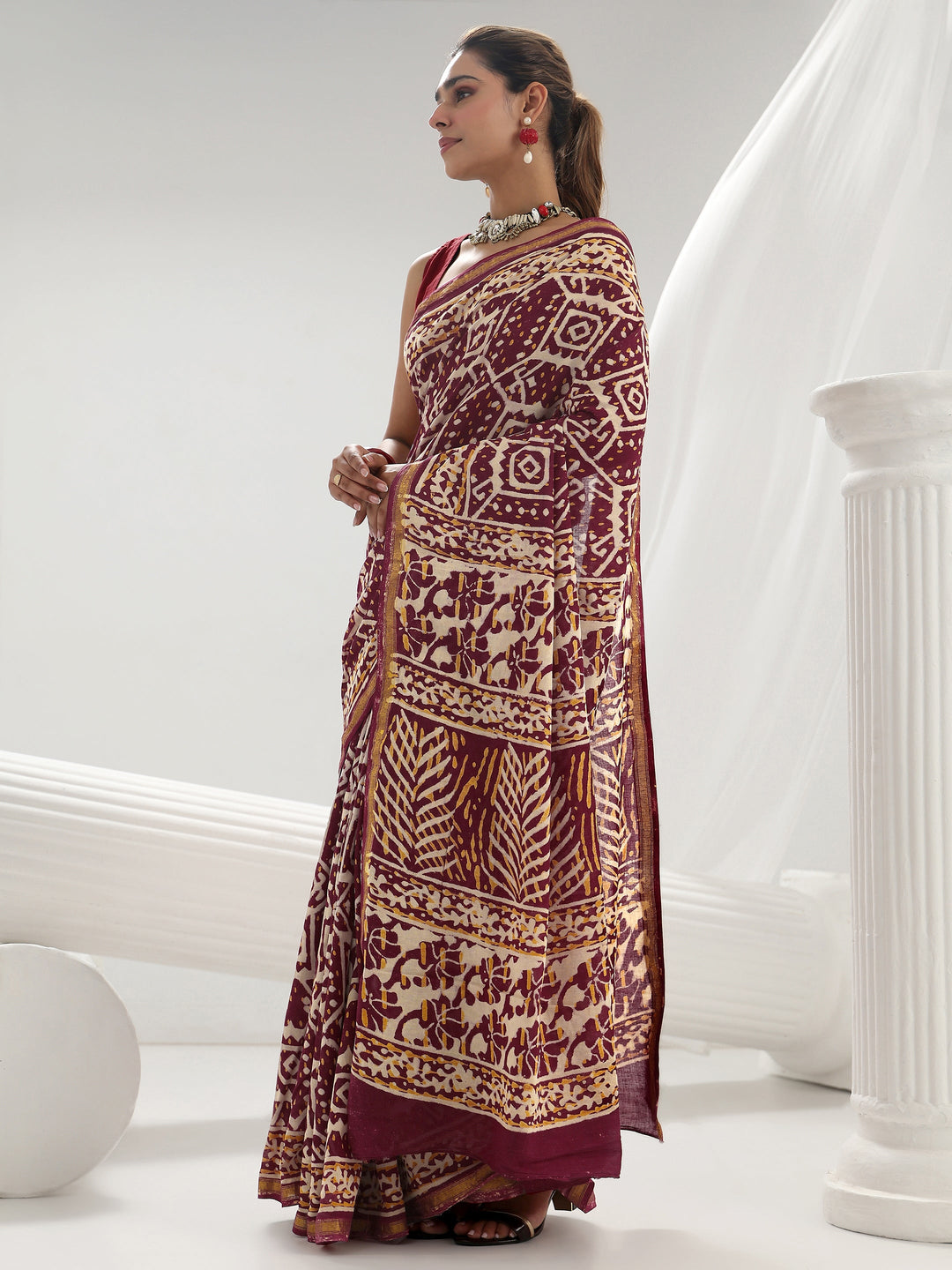  Maroon Ethnic Printed Cotton Saree 