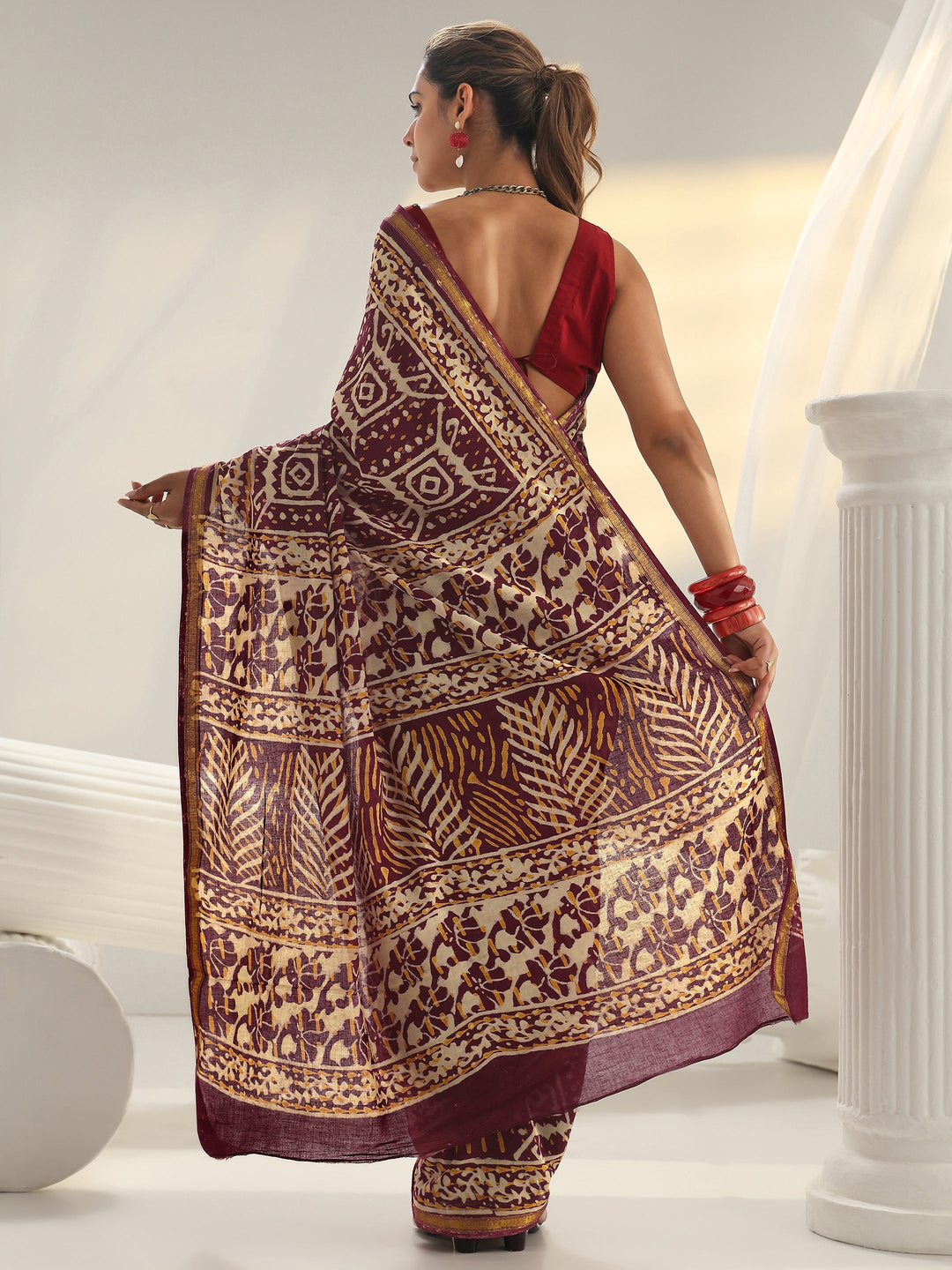  Maroon Ethnic Printed Cotton Saree 