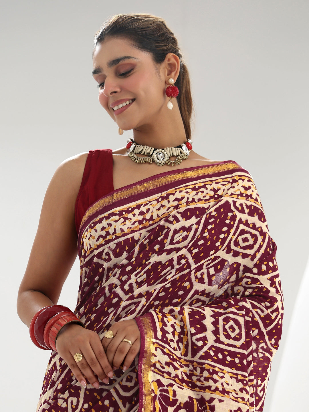  Maroon Ethnic Printed Cotton Saree 