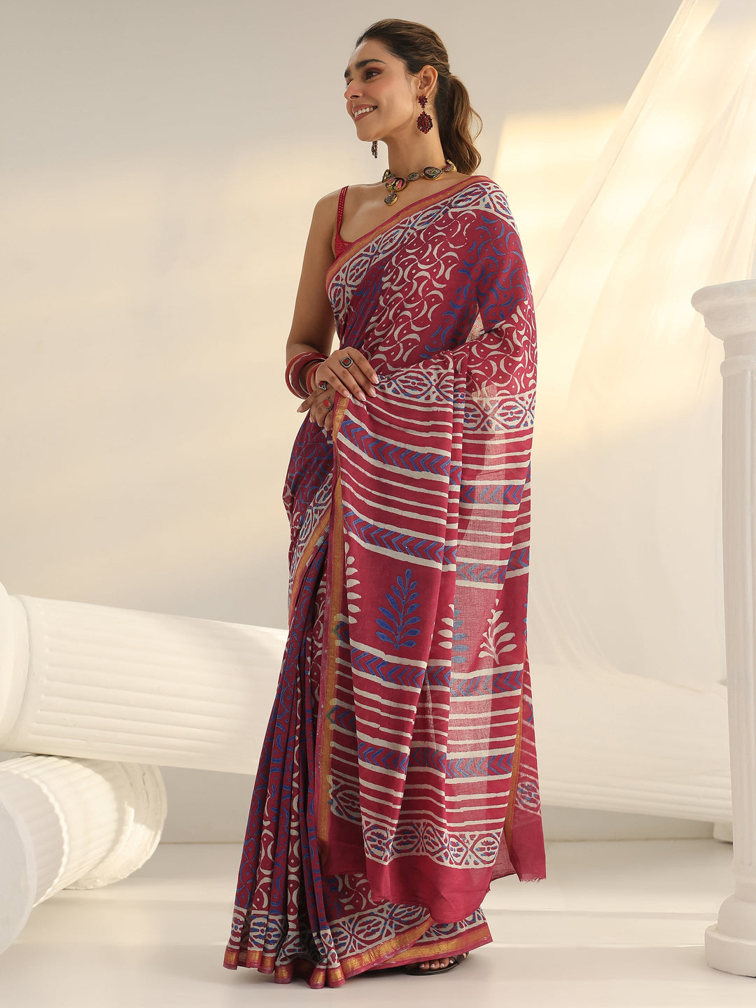  Pink Dabu Print Cotton Saree 