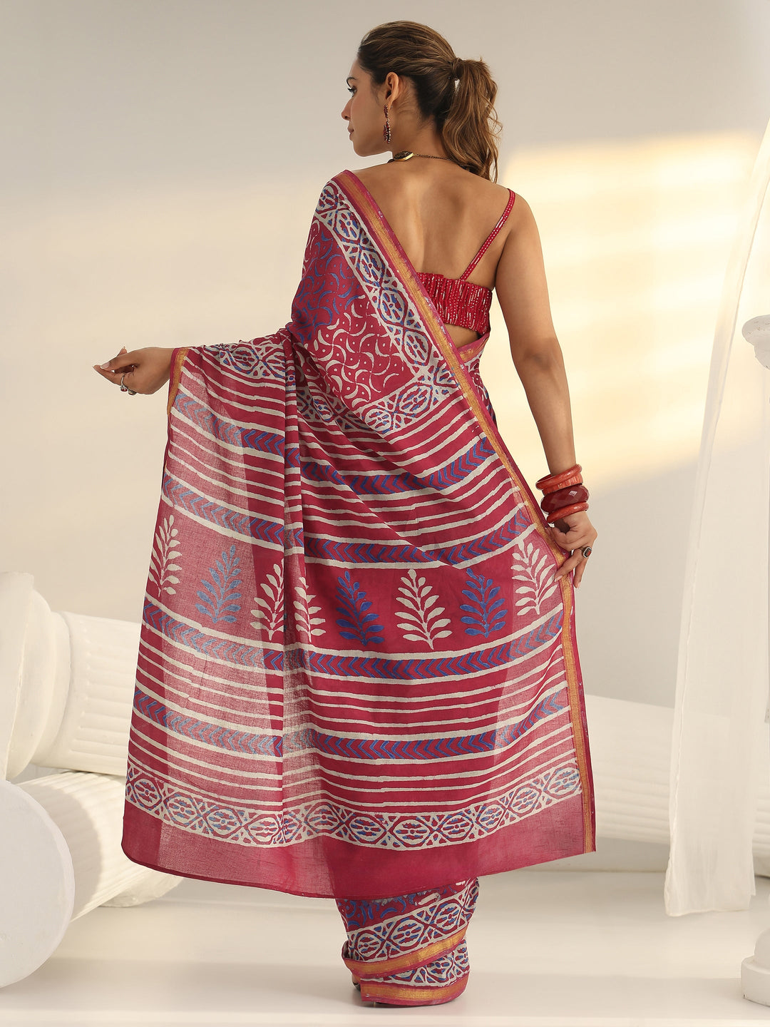  Pink Dabu Print Cotton Saree 