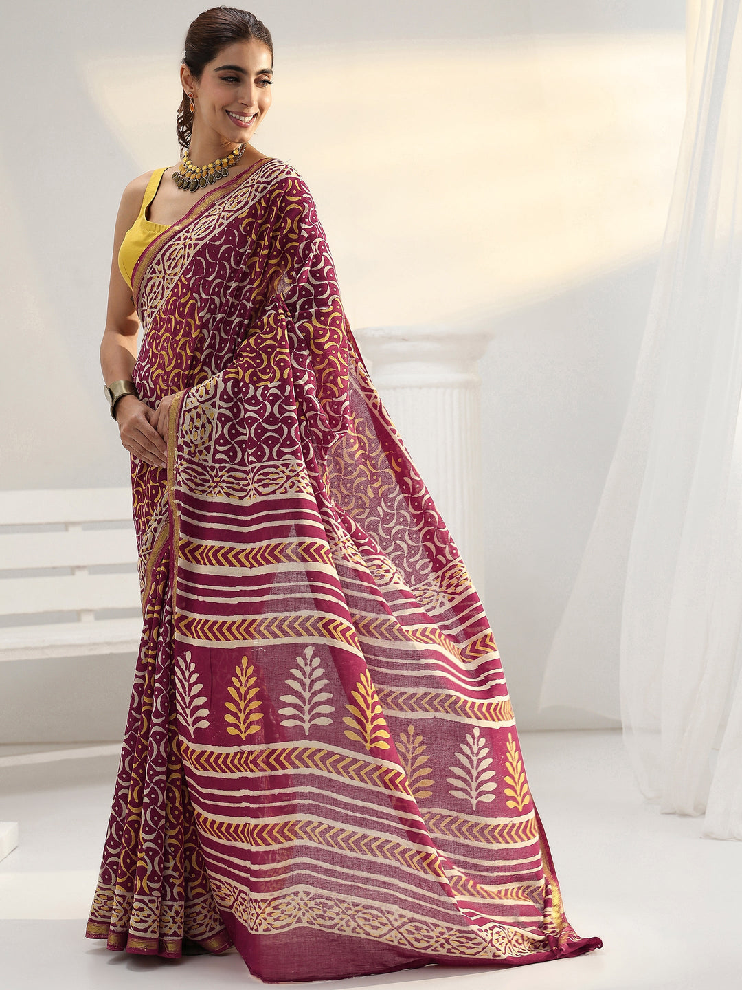  Maroon Ethnic Printed Cotton Saree 