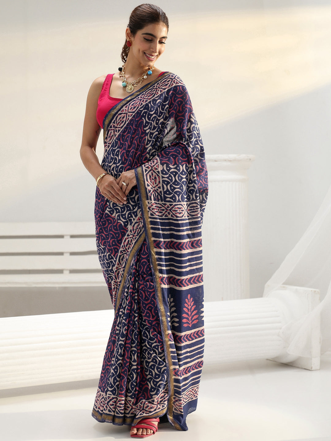 Blue Ethnic Printed Cotton Saree 