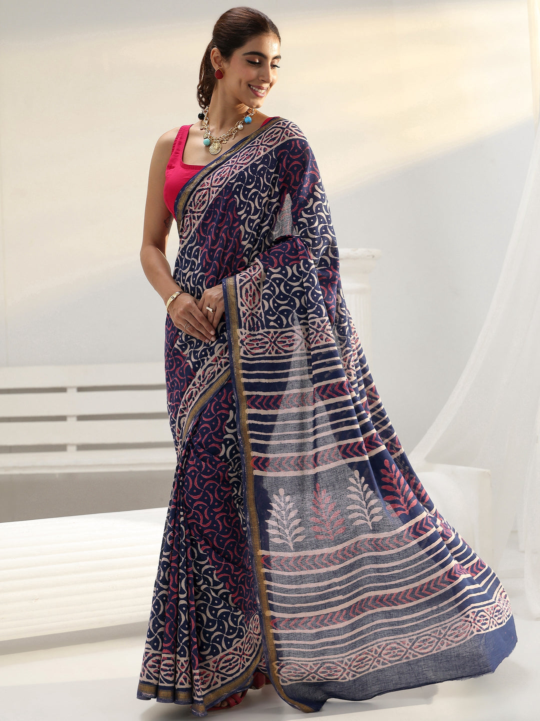  Blue Ethnic Printed Cotton Saree 