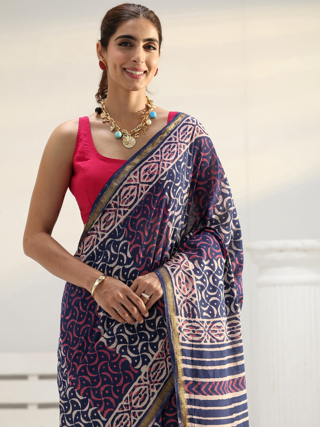  Blue Ethnic Printed Cotton Saree 