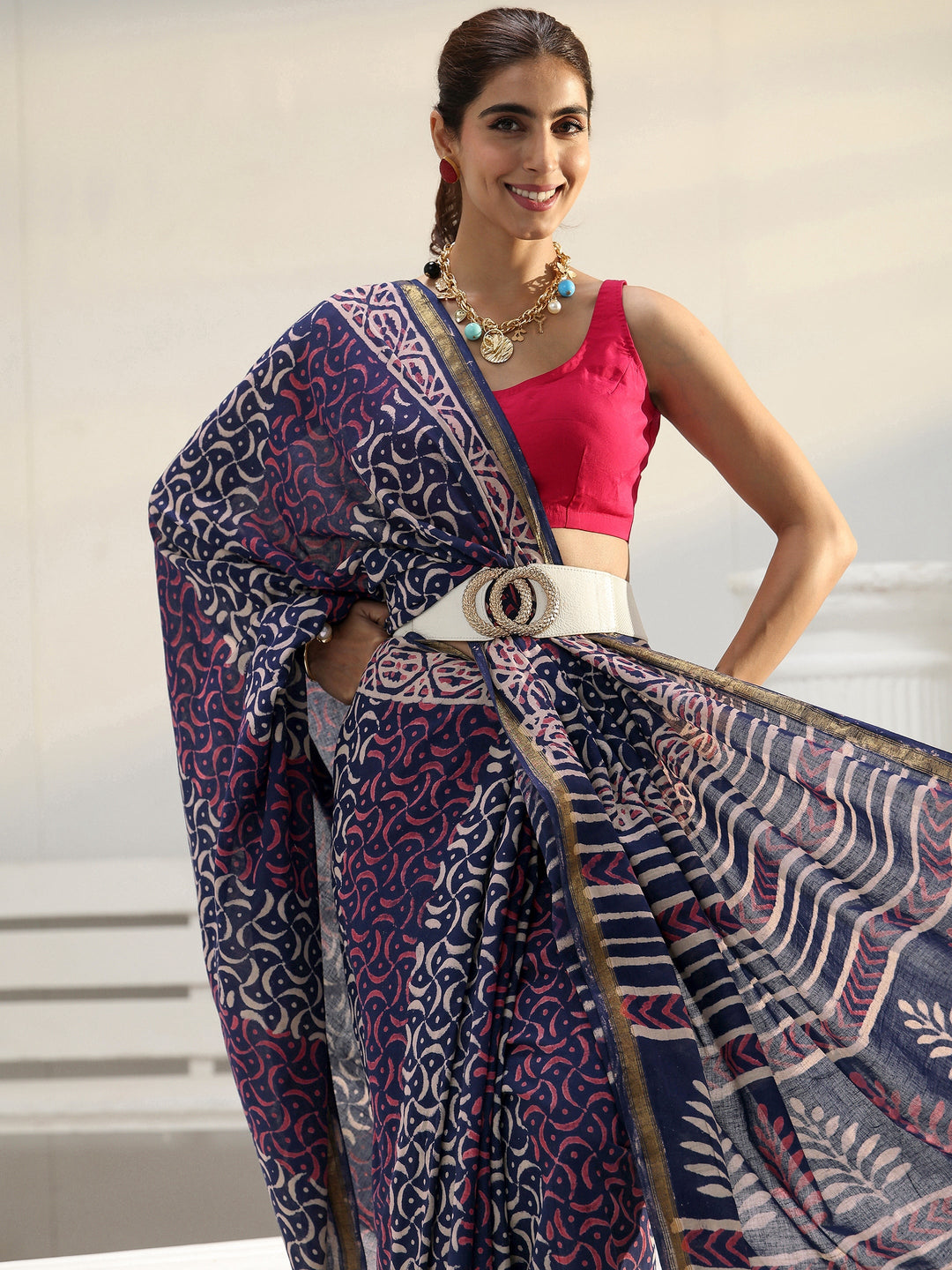  Blue Ethnic Printed Cotton Saree 