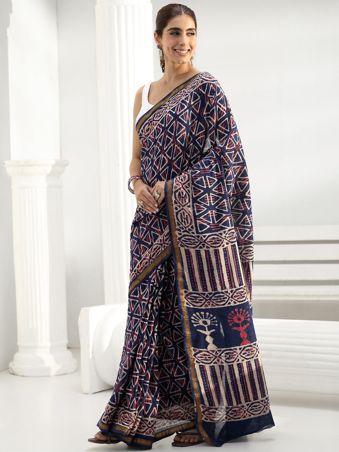  Blue Printed Cotton Saree 