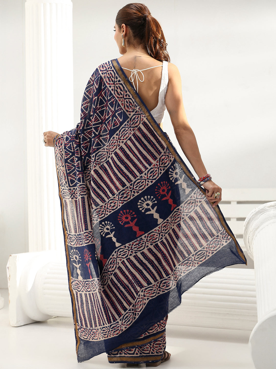  Blue Printed Cotton Saree 