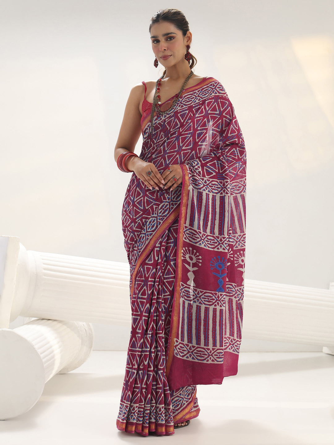  Pink Geometric Printed Cotton Saree 