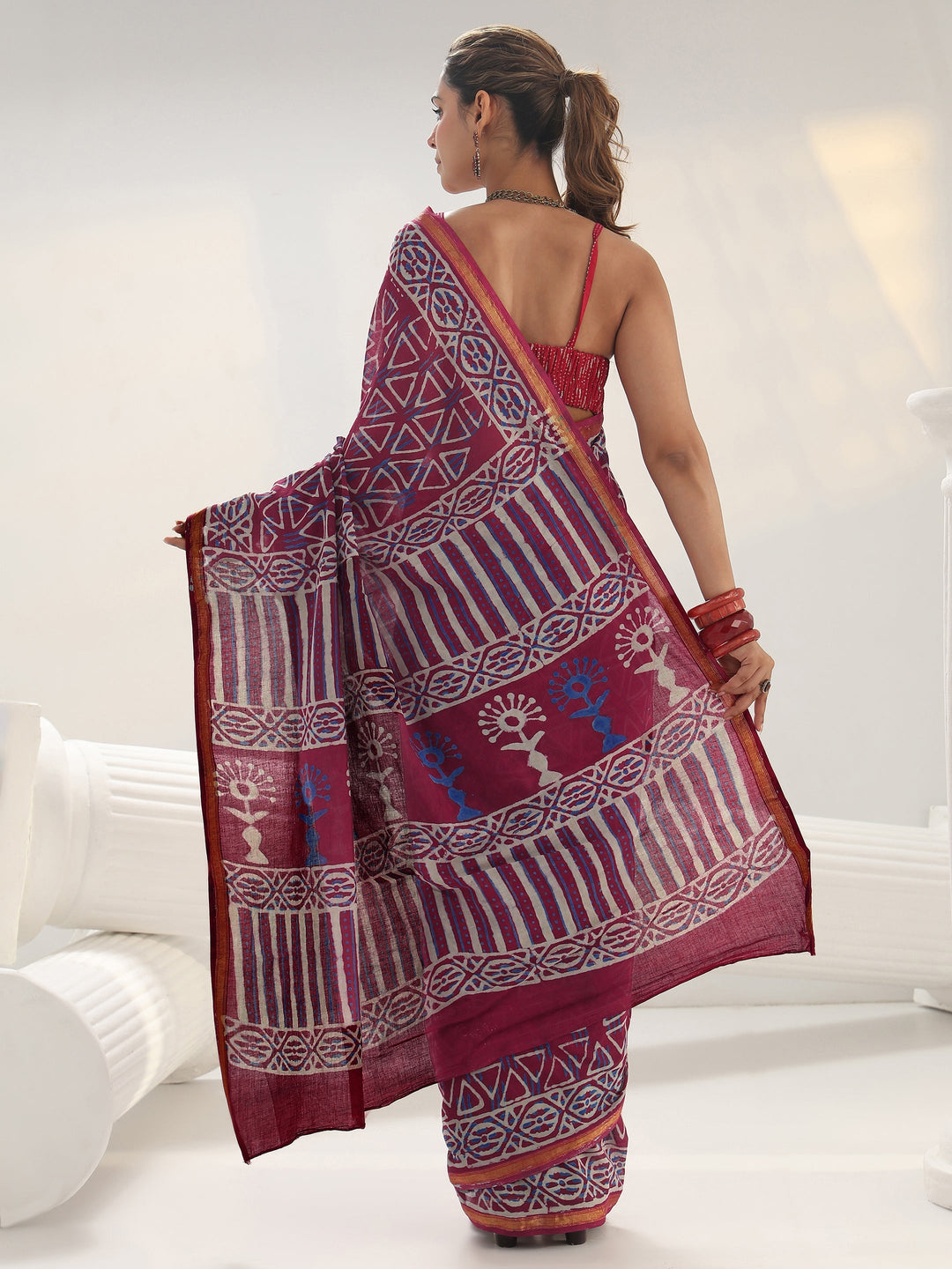  Pink Geometric Printed Cotton Saree 