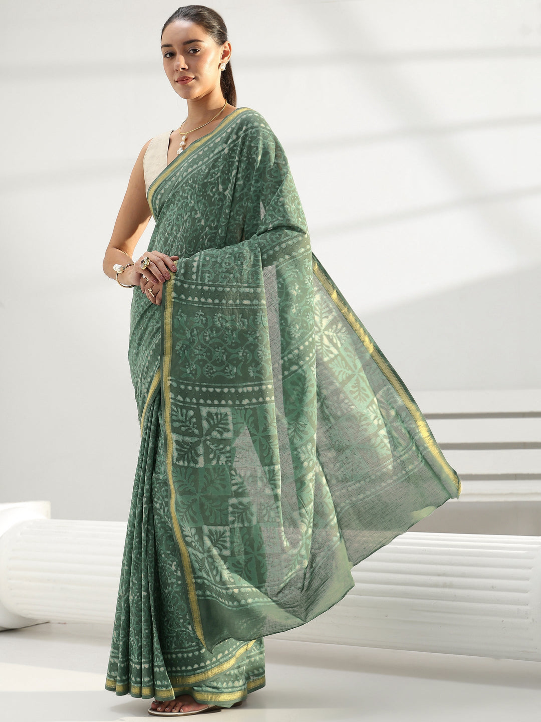  Green Abstract Printed Cotton saree 