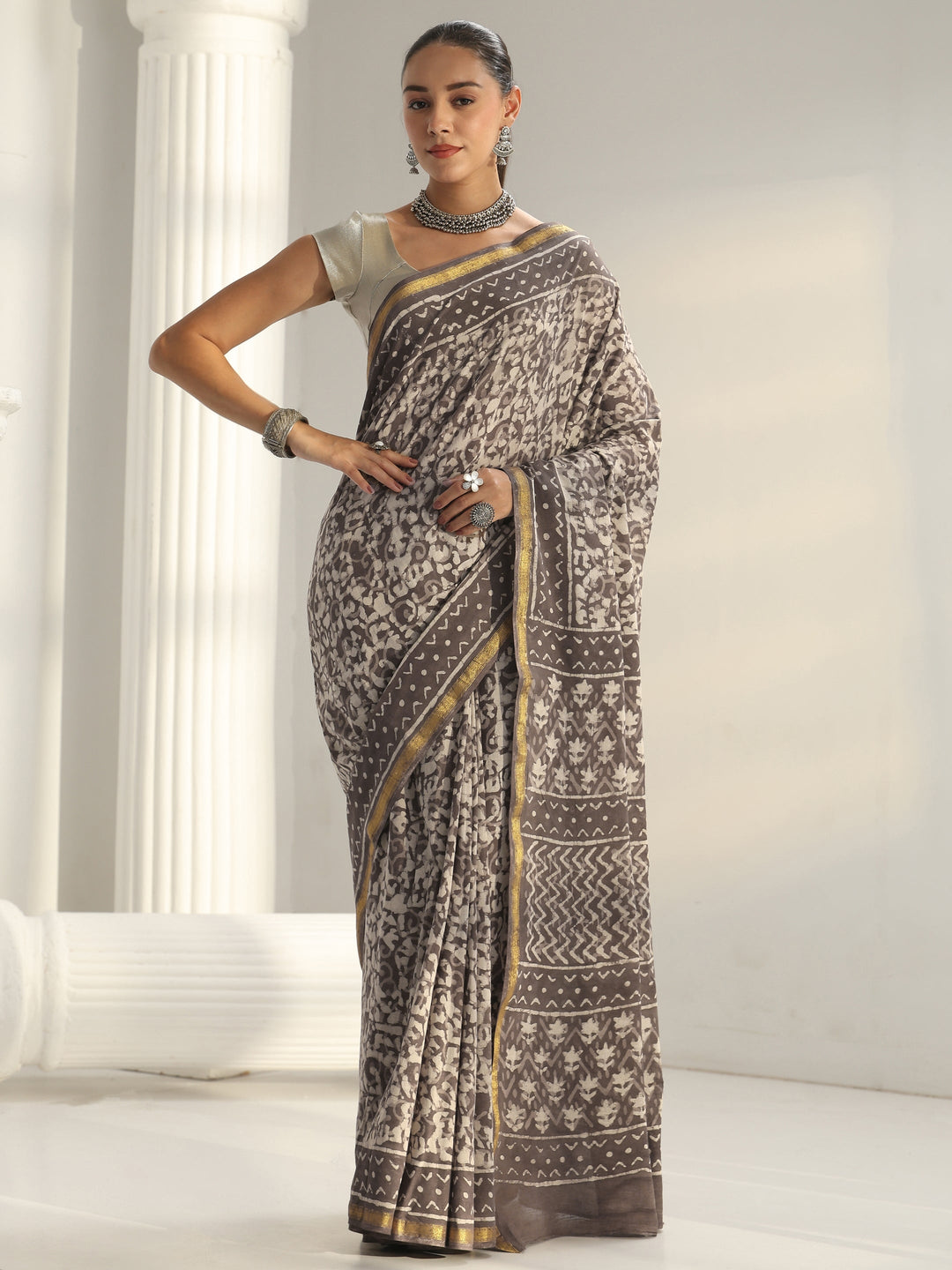  Brown Dabu Print Cotton Saree 