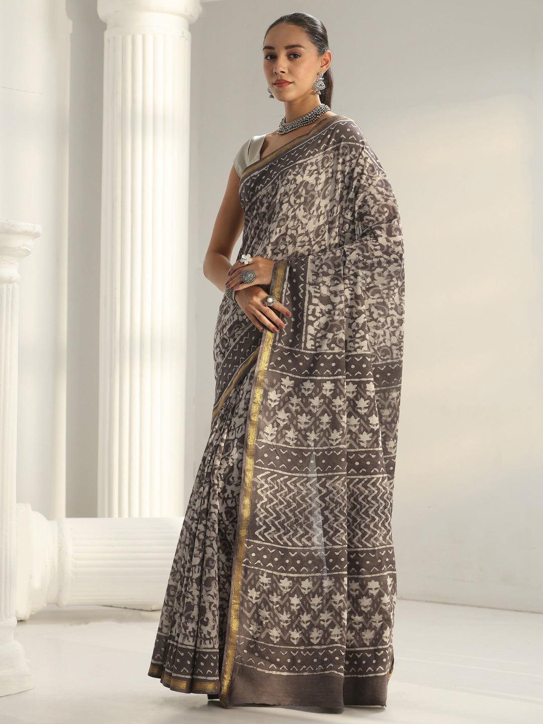  Brown Dabu Print Cotton Saree 