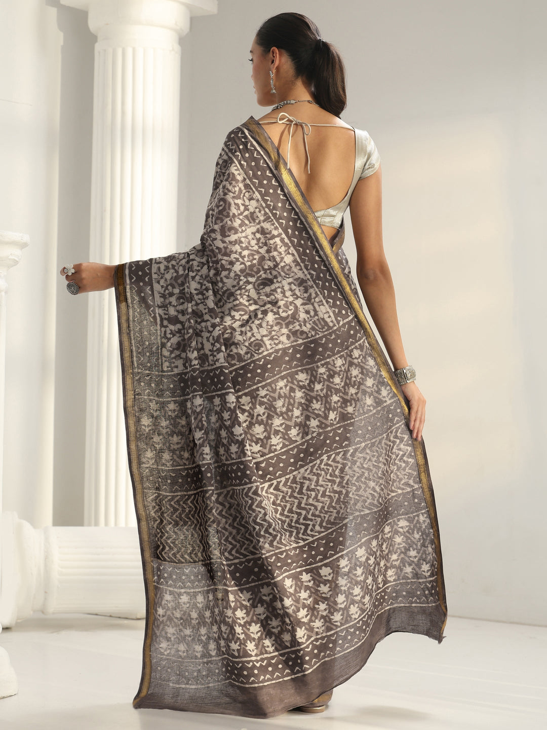  Brown Dabu Print Cotton Saree 