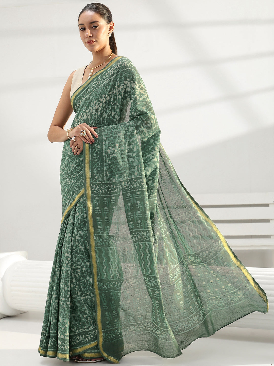 Green Abstract Printed Cotton saree 