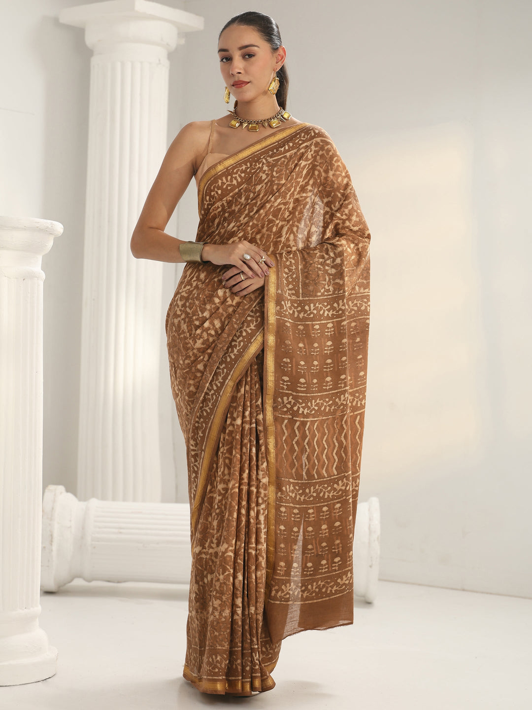  Brown Dabu Print Cotton Saree 