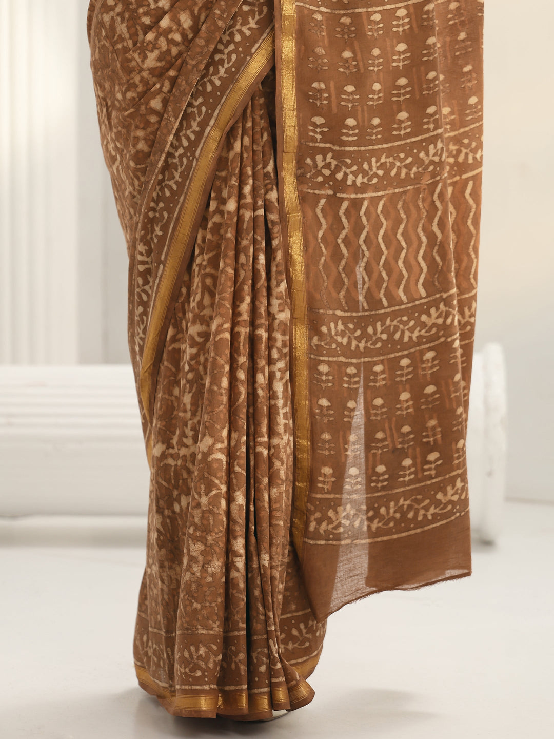  Brown Dabu Print Cotton Saree 