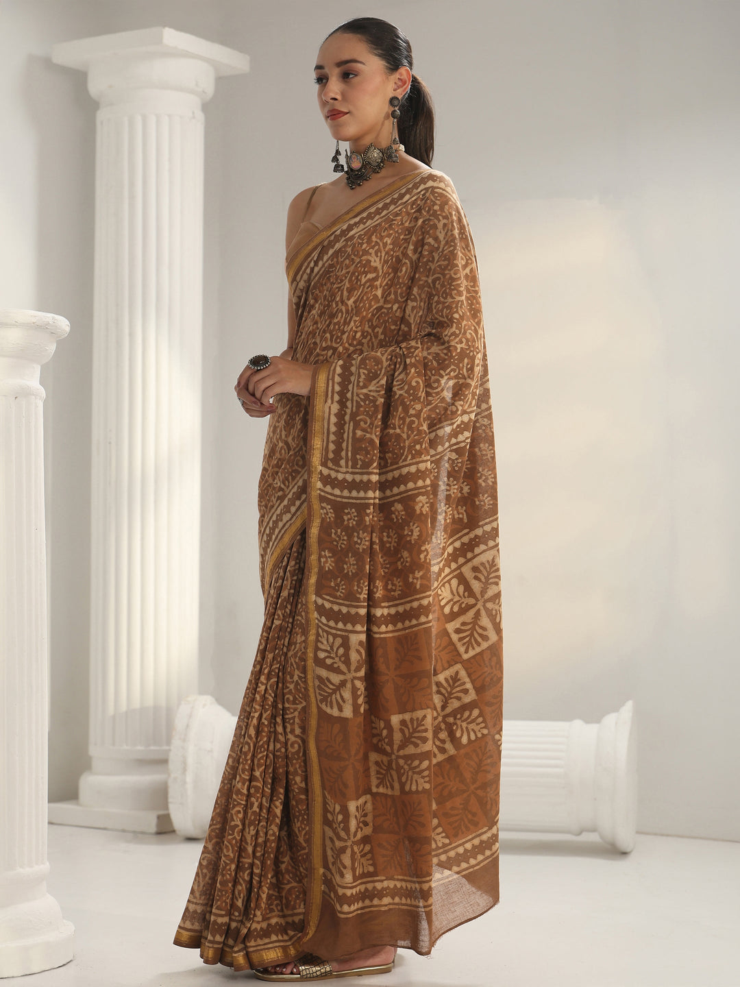  Brown Dabu Print Cotton Saree 