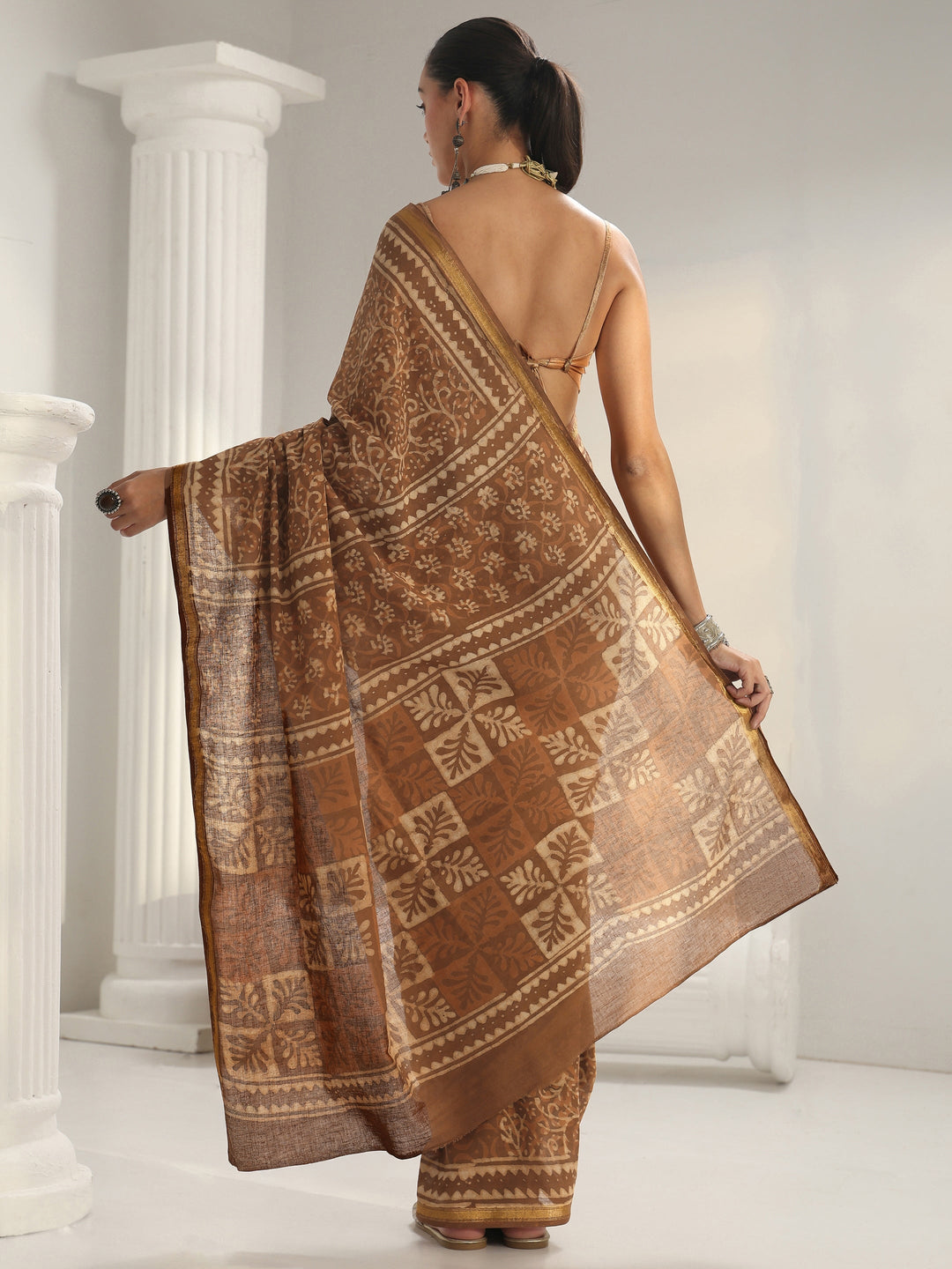  Brown Dabu Print Cotton Saree 