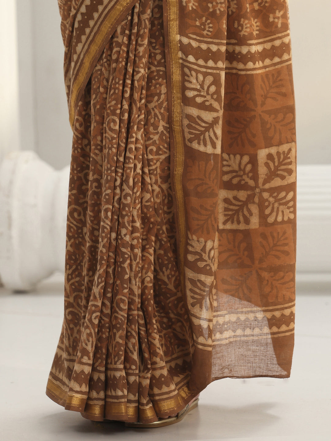  Brown Dabu Print Cotton Saree 