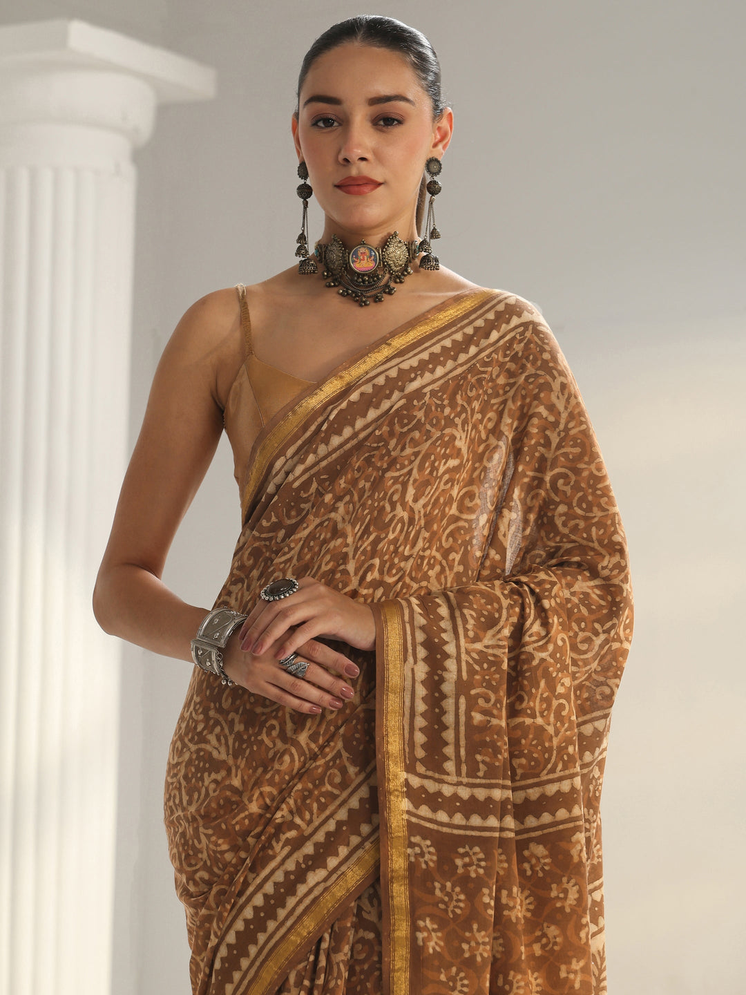  Brown Dabu Print Cotton Saree 