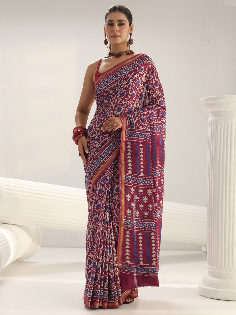 Libas Pink Bagru Print Cotton Saree