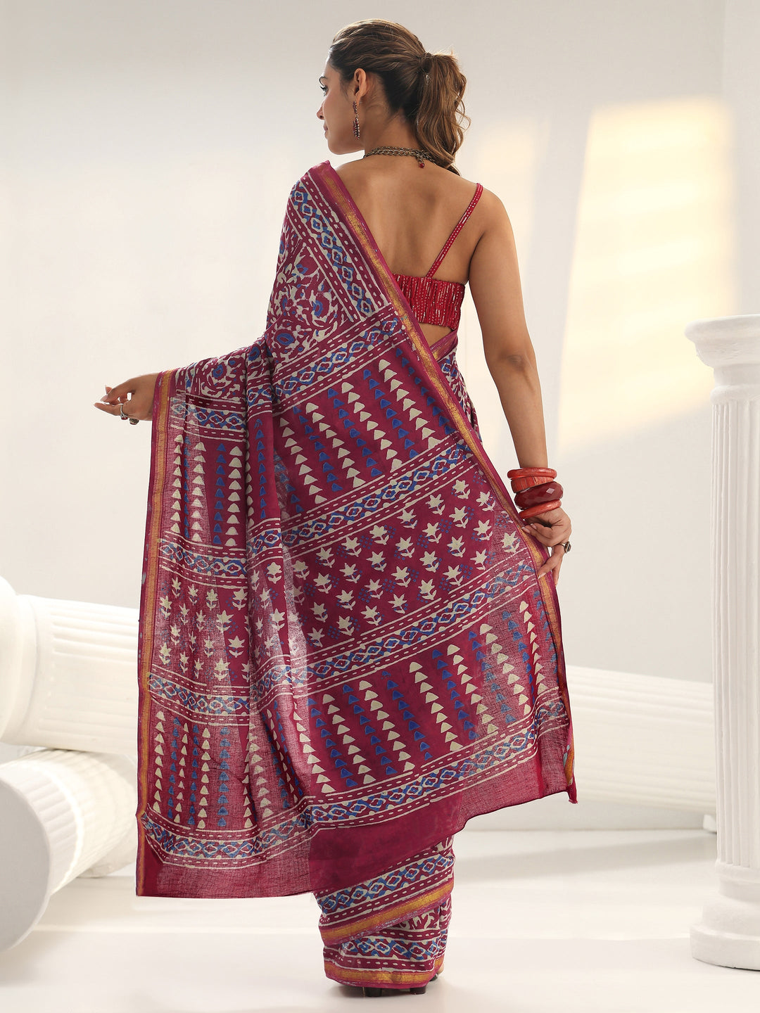  Pink Bagru Print Cotton Saree 
