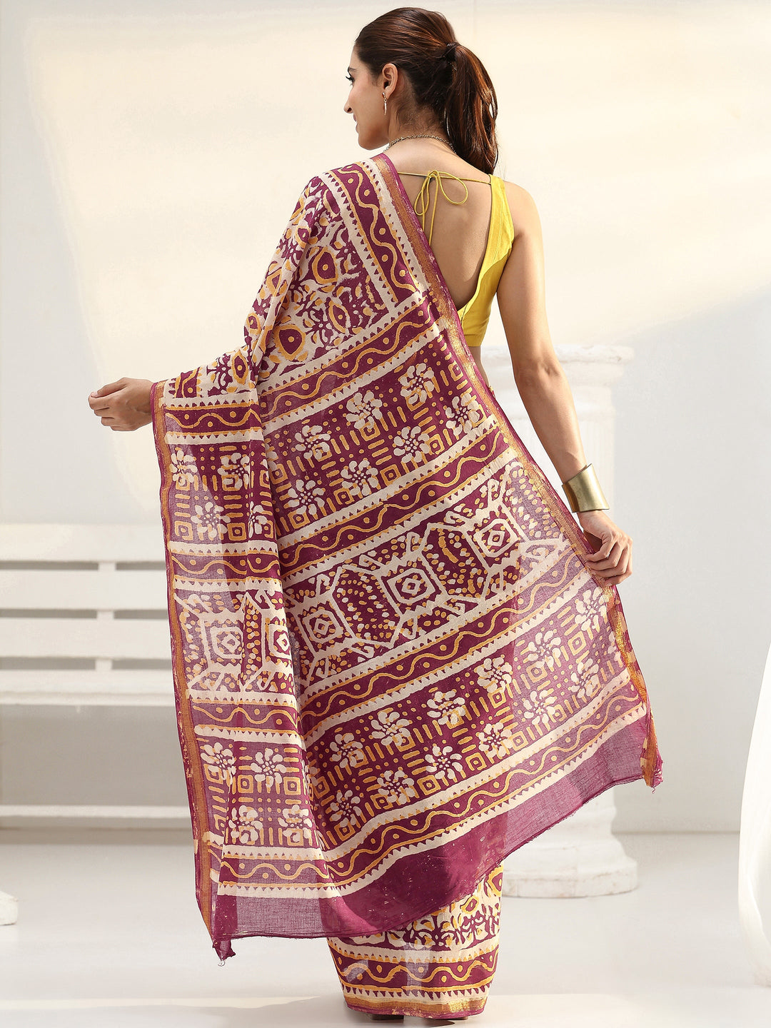  Beige Bagru Print Cotton Saree 