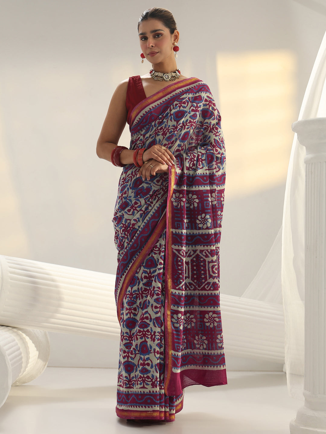  Pink Bagru Print Cotton Saree 
