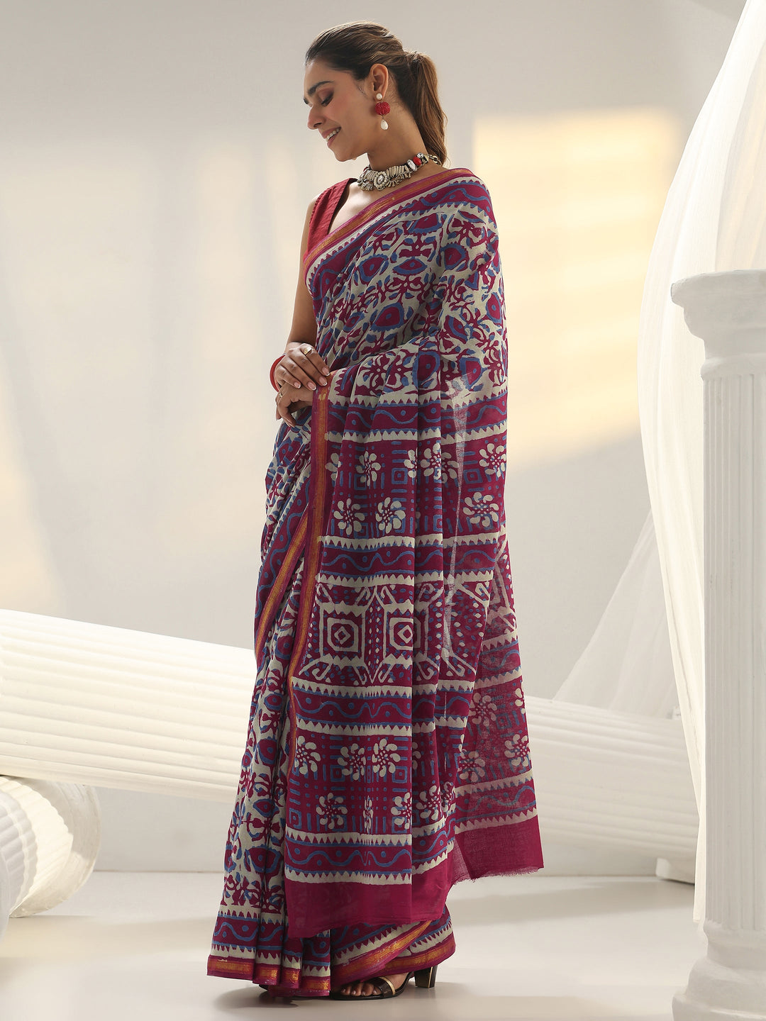  Pink Bagru Print Cotton Saree 