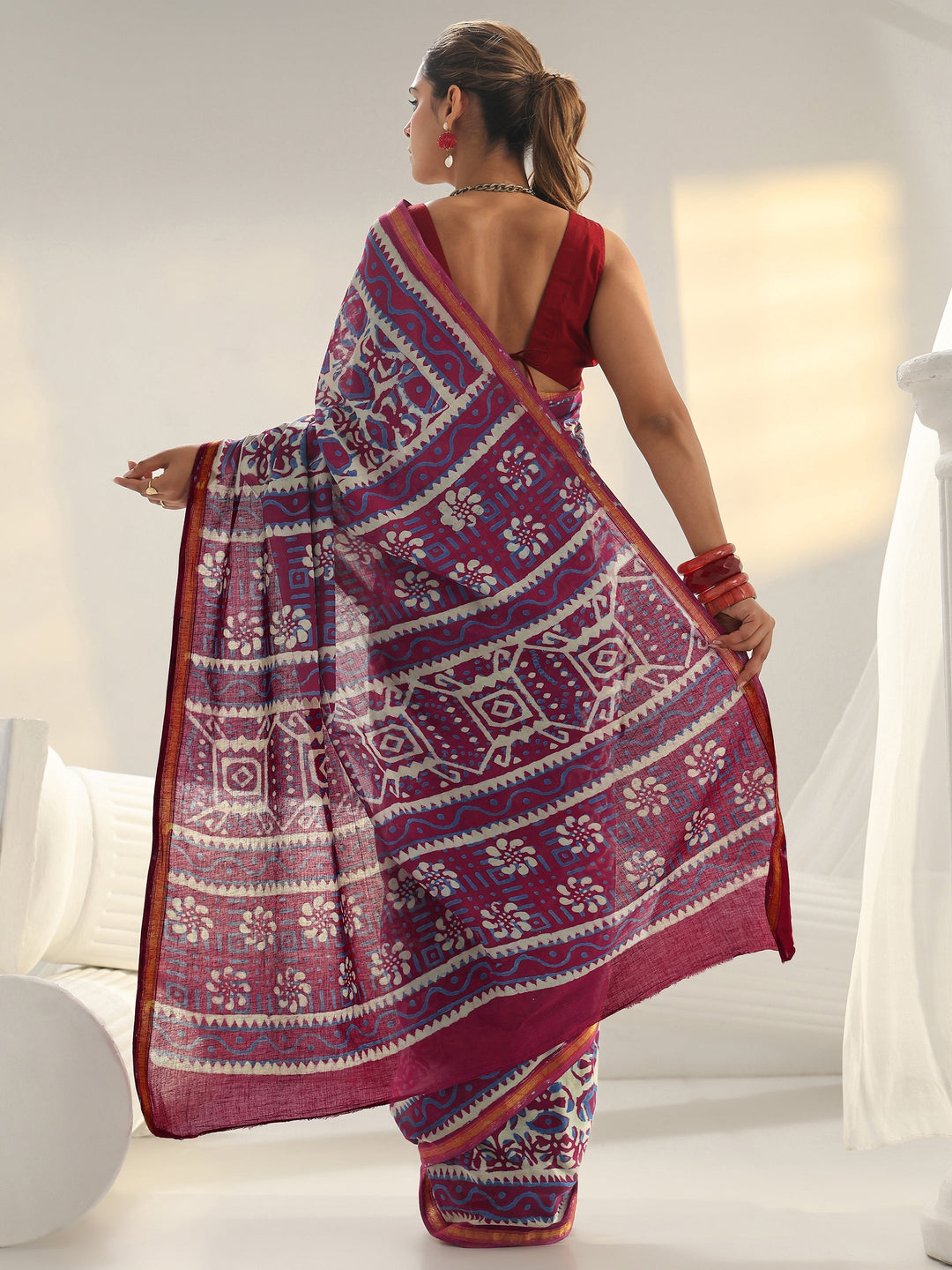  Pink Bagru Print Cotton Saree 