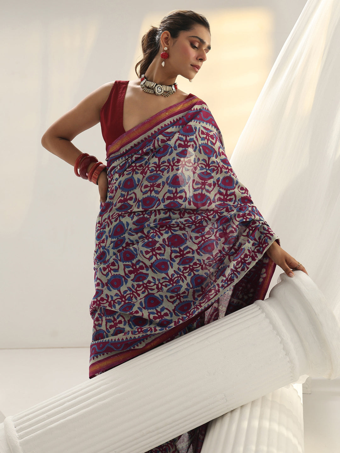  Pink Bagru Print Cotton Saree 
