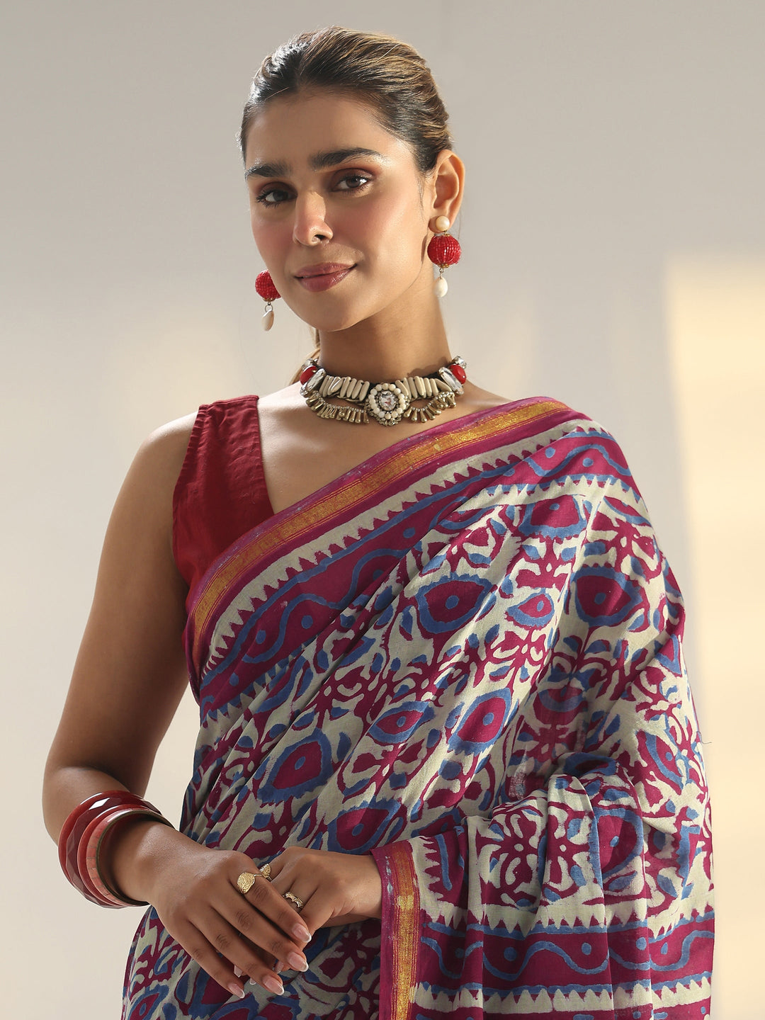  Pink Bagru Print Cotton Saree 