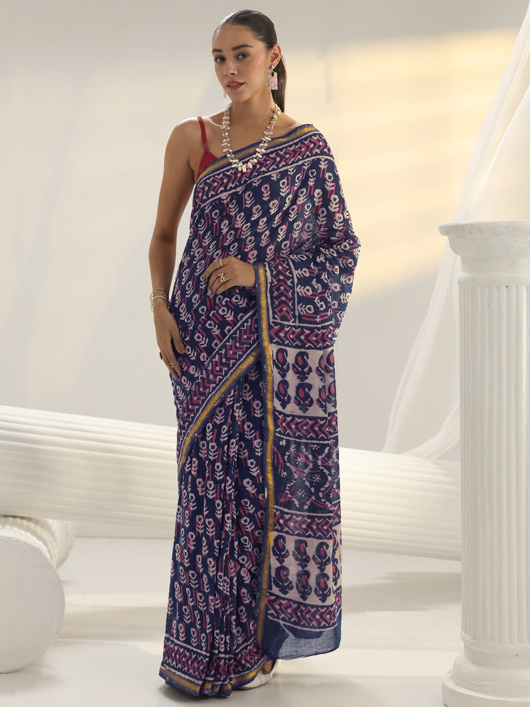  Navy Blue Dabu Print Cotton Saree 