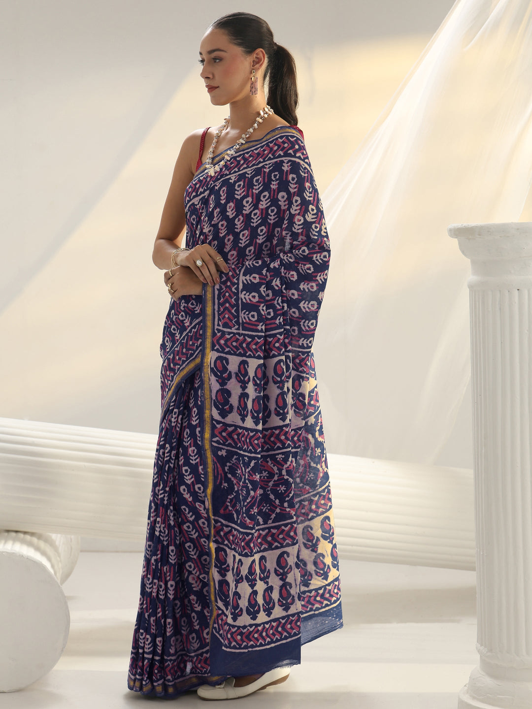  Navy Blue Dabu Print Cotton Saree 