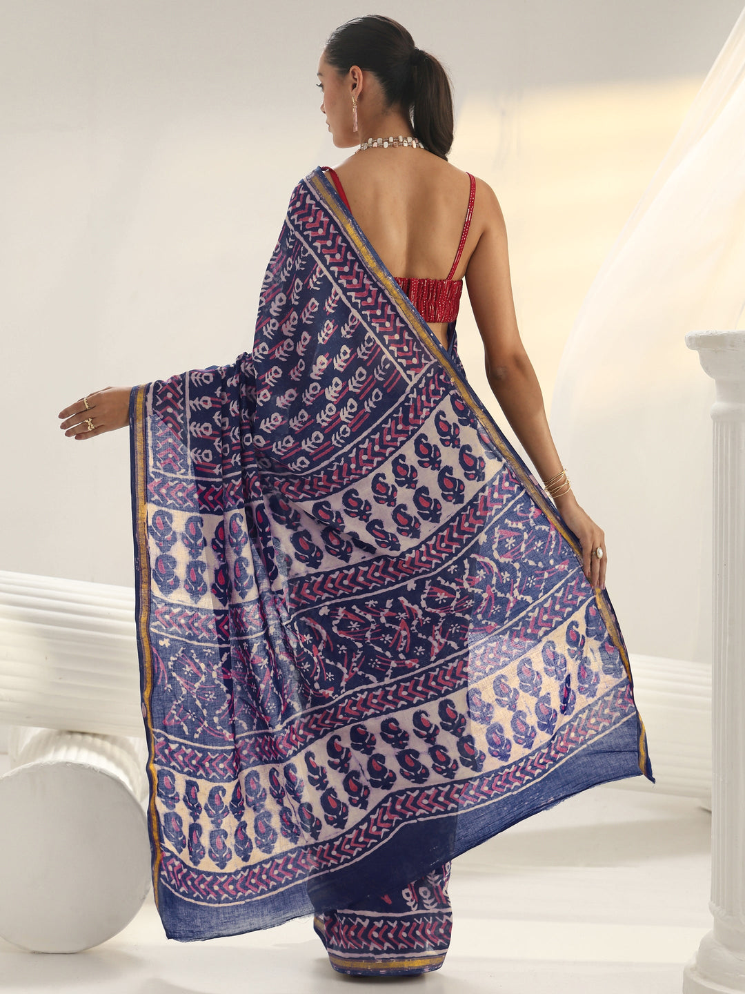  Navy Blue Dabu Print Cotton Saree 