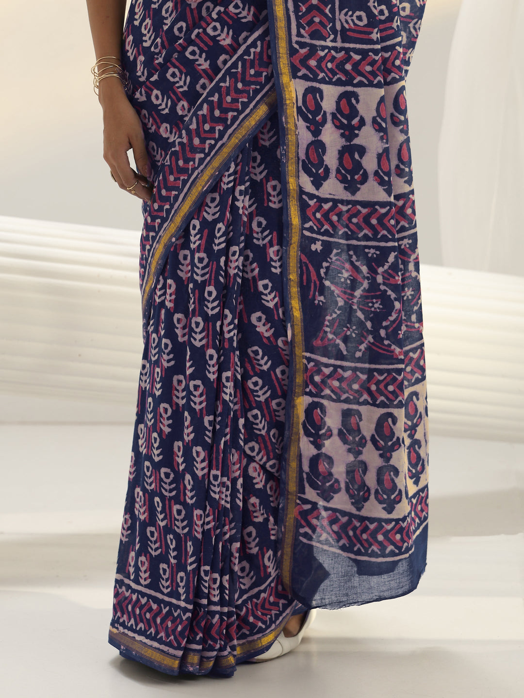  Navy Blue Dabu Print Cotton Saree 
