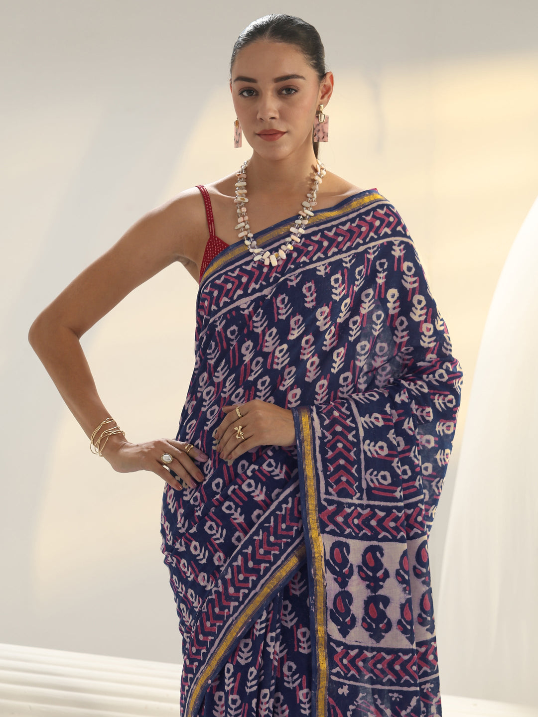  Navy Blue Dabu Print Cotton Saree 