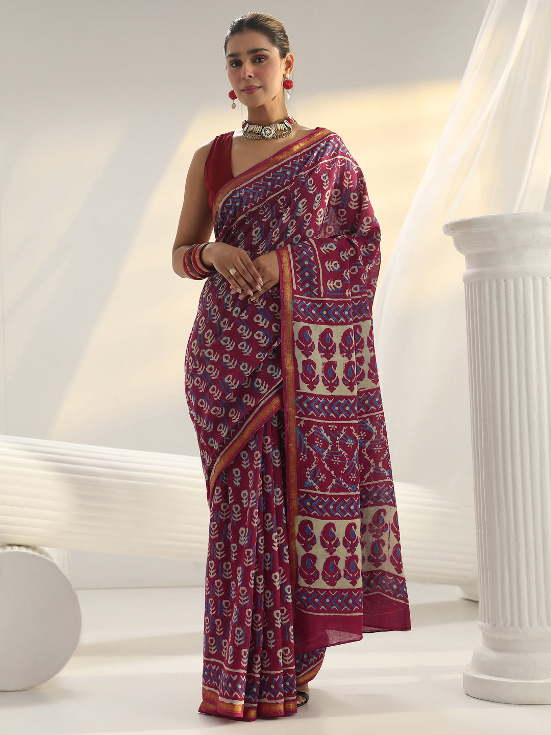  Pink Dabu Print Cotton Saree 