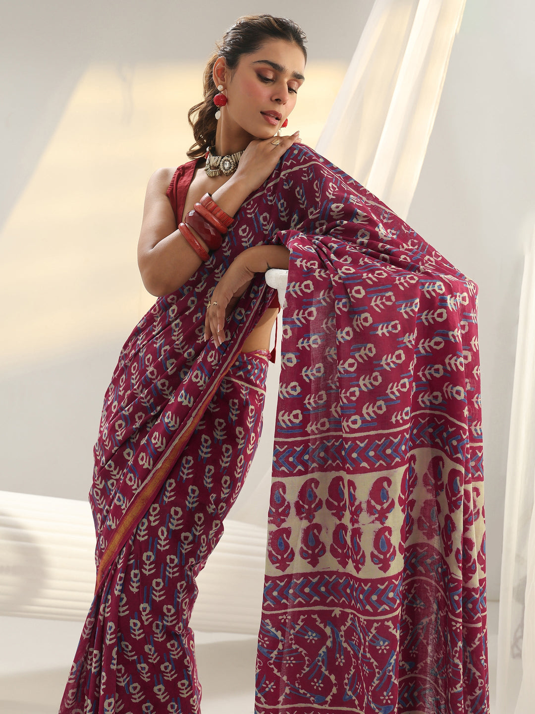  Pink Dabu Print Cotton Saree 