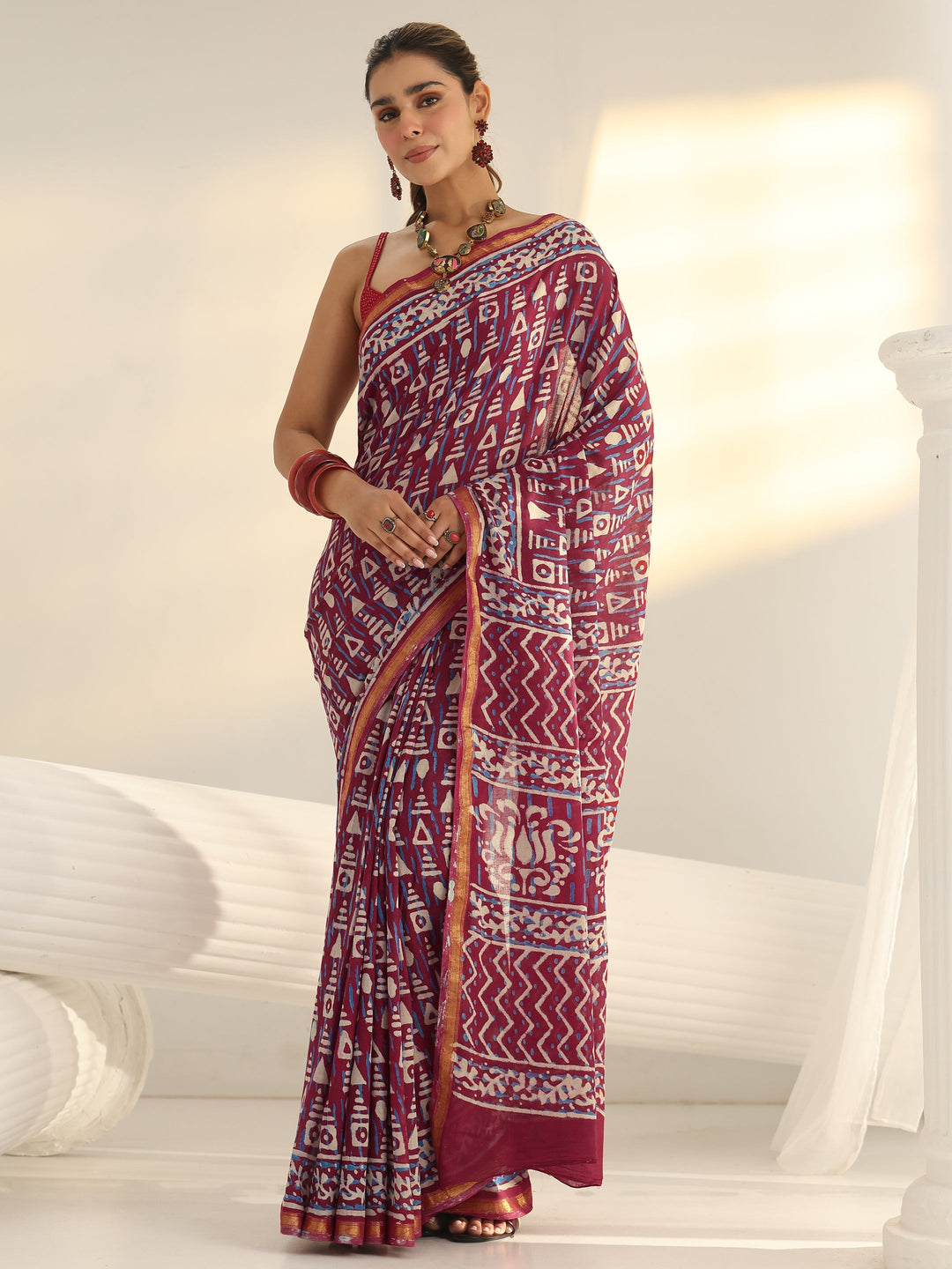  Pink Printed Cotton saree 