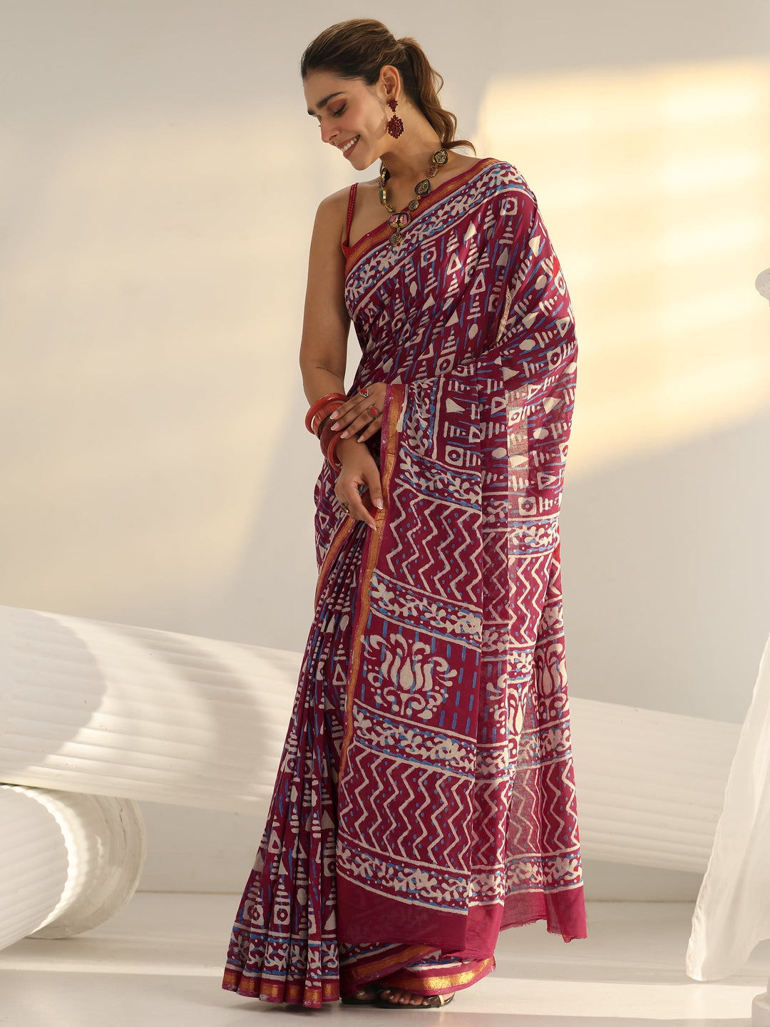  Pink Printed Cotton saree 
