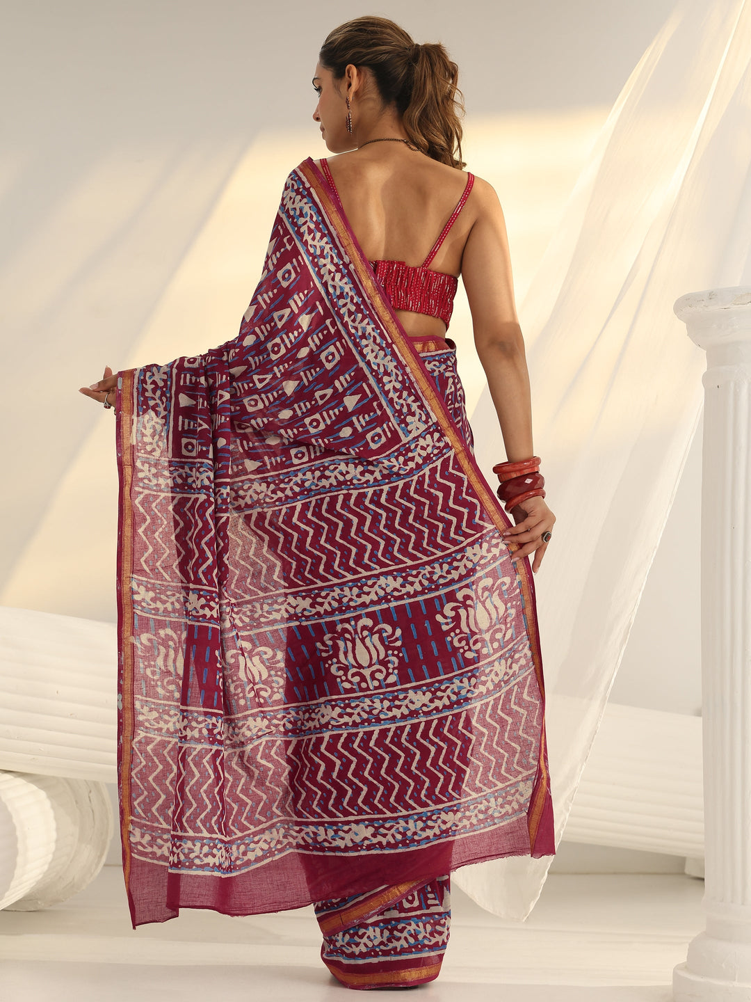  Pink Printed Cotton saree 