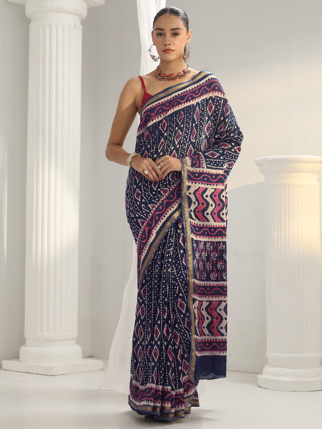  Navy Blue Dabu Print Cotton Saree 